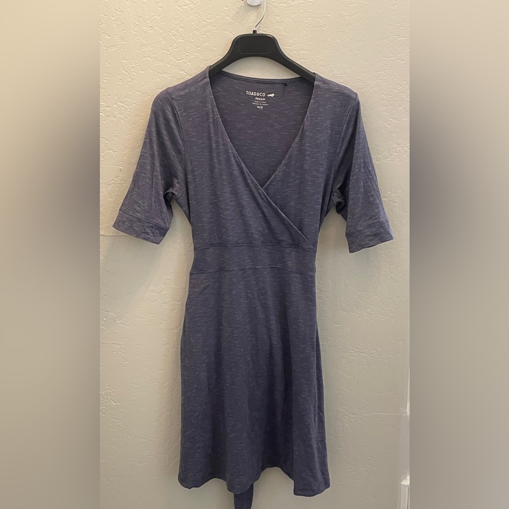 Toad & Co Cue Wrap Cafe Dress Blue Organic Cotton Tencel Womens Size Medium